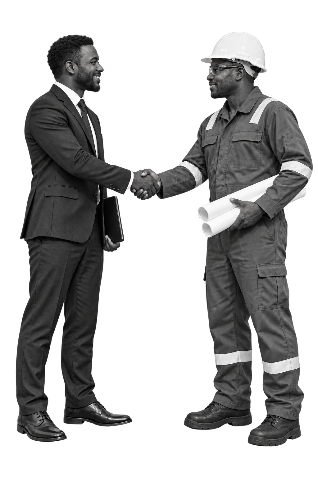 An energy executive and field engineer shaking hands, connecting AIM and UPS